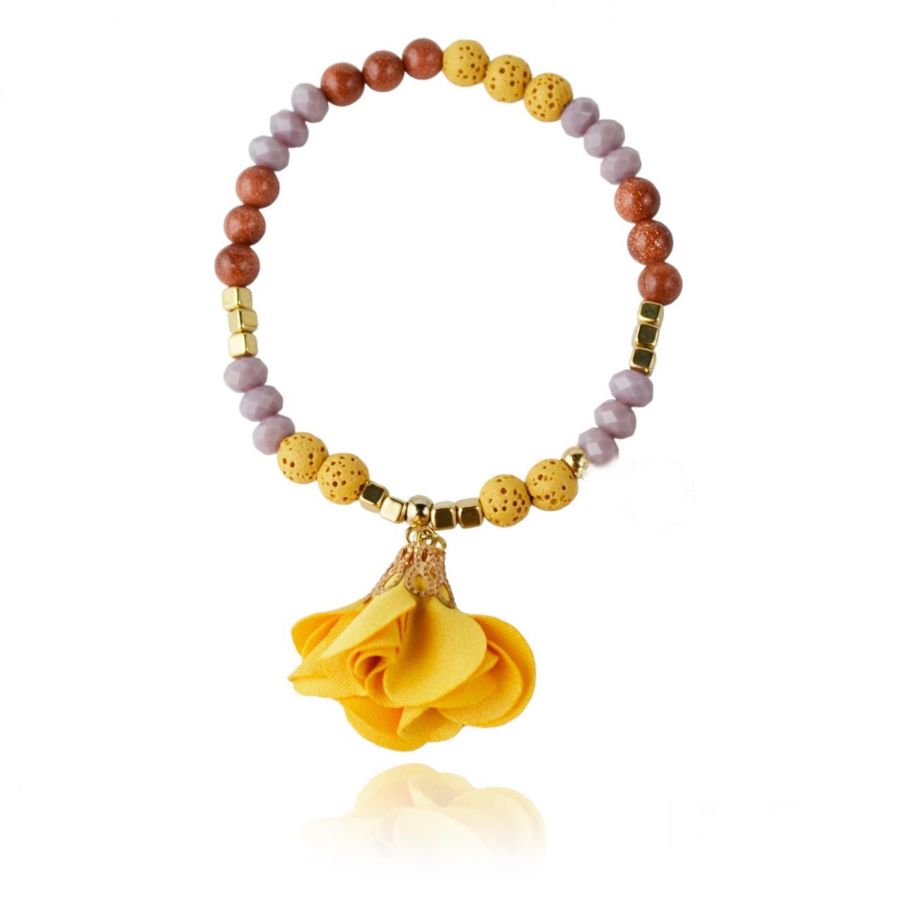 Goldstone Lava Glass Beads Bracelet For Girls With Yellow Flower Tassel Gift Idea For Her Christmas Gift | Maritavita | Kk07