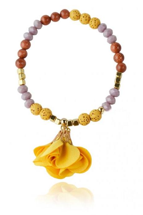 Goldstone Lava Glass Beads Bracelet For Girls With Yellow Flower Tassel Gift Idea For Her Christmas Gift | Maritavita | Kk07